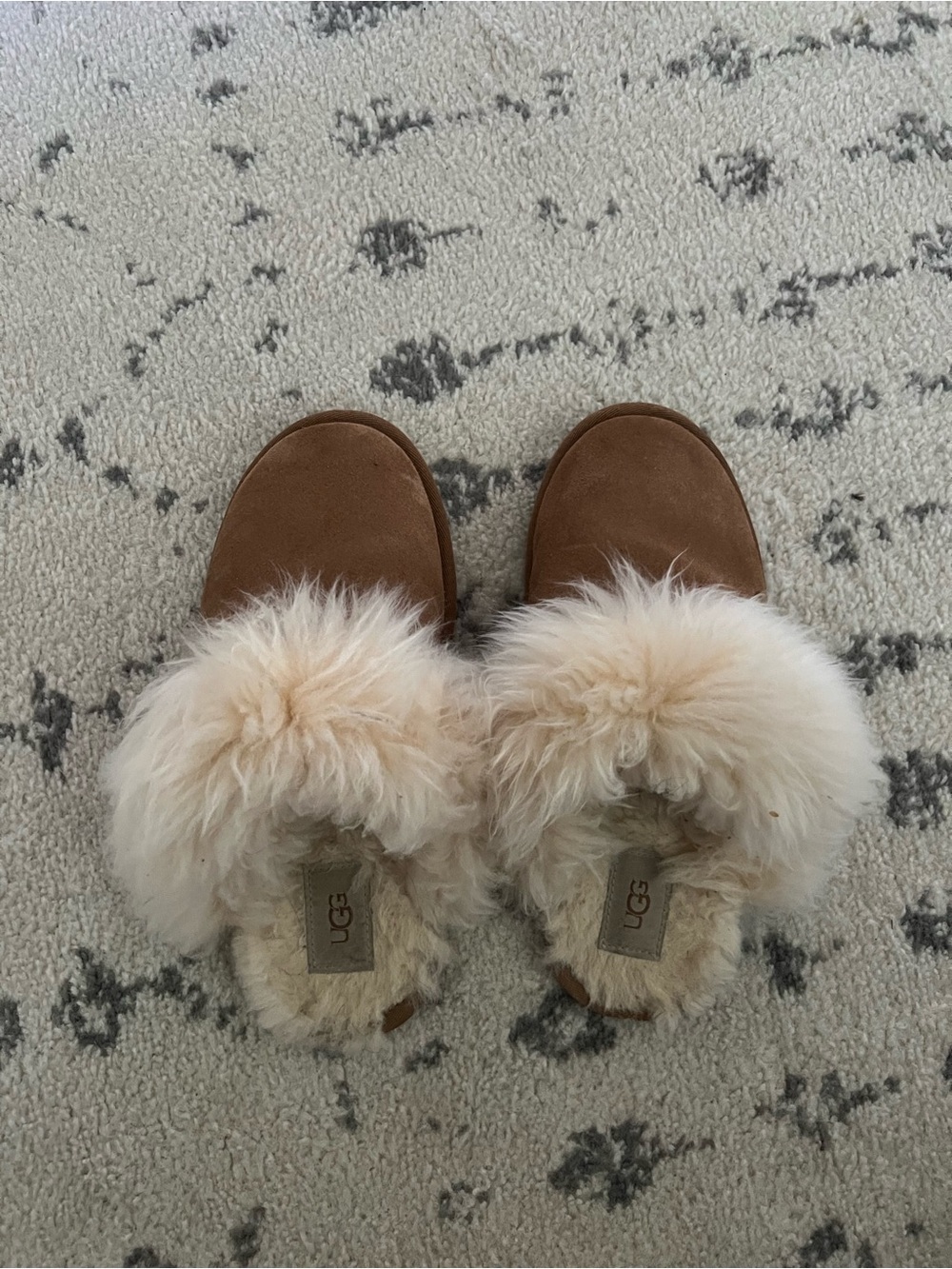 UGG Chestnut Suede Slippers with Cream Fur Collar